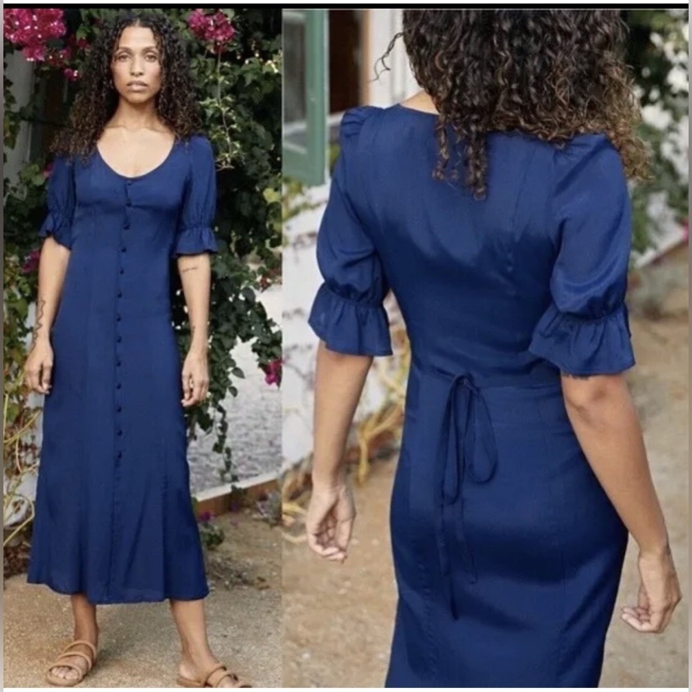 Christy Dawn Lennon Deep Blue Long Sleeve Midi Dress‎ XS Recycled Fabric Luxury